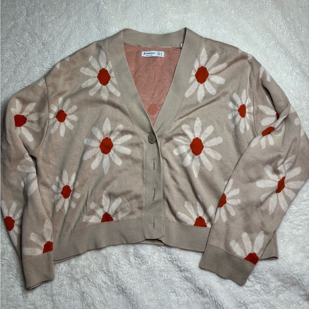 Floral Beige Cardigan Sweater Stradivarius